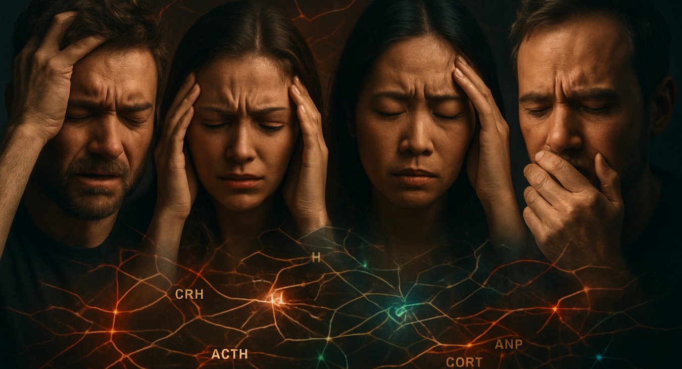 Photorealistic scene of men and women under intense mental strain, with visual metaphors for endocrine signaling pathways activated by severe psychological stress, dramatic lighting, landscape orientation.