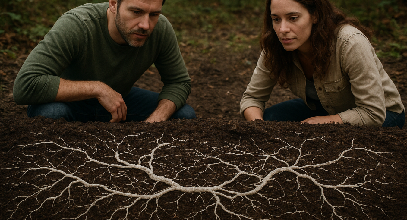 A man and woman observing a vast underground fungal mycelium network in fertile soil, highlighting the intricate role of fungi in Earth's ecosystem.