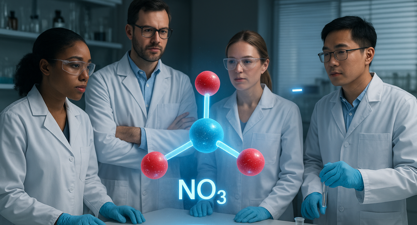 Diverse men and women scientists in a modern chemistry lab observe a holographic nitrate ion (NO3-) structure, showing one nitrogen and three oxygen atoms.