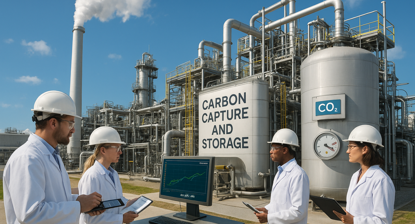Photorealistic landscape of a modern industrial facility with male and female scientists monitoring CO2 capture and storage processes, illustrating climate change mitigation through advanced carbon capture and storage technology.