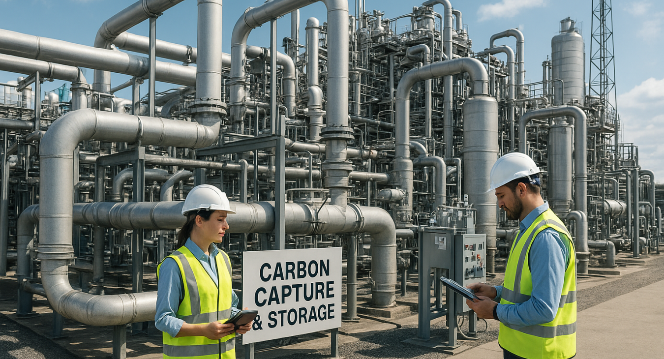 Photorealistic wide-angle view of a carbon capture and storage facility with male and female engineers monitoring complex industrial pipes and filtration systems for CO2 sequestration.