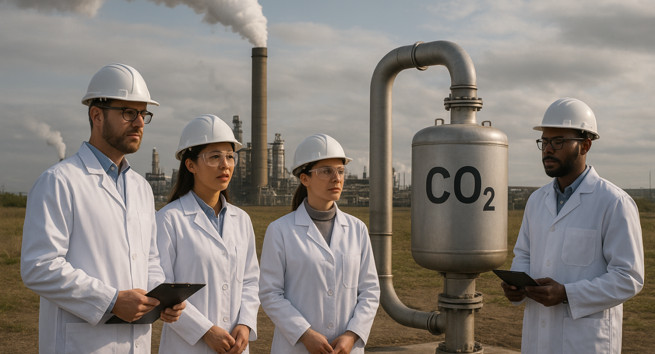 Scientists in professional gear oversee a large-scale carbon capture operation, sequestering CO2 from industrial exhaust into subterranean monitoring infrastructure.