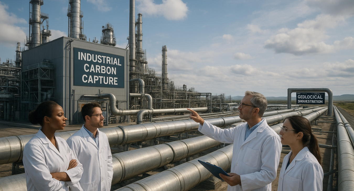 A diverse team of men and women scientists overseeing a massive carbon capture plant as captured CO2 is transported via piping toward geological sequestration sites in a hyper-realistic, futuristic industrial landscape.