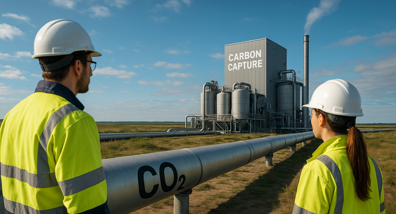 Photorealistic landscape of a modern carbon capture and storage facility with male and female engineers observing CO2 pipeline transport towards underground geological storage.