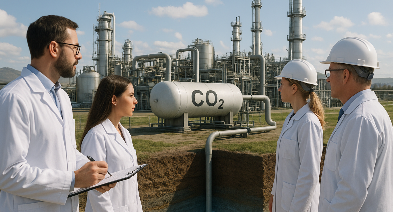Photorealistic landscape of men and women scientists overseeing large-scale industrial carbon capture operations, with captured CO2 being transported and injected into a subterranean storage reservoir.