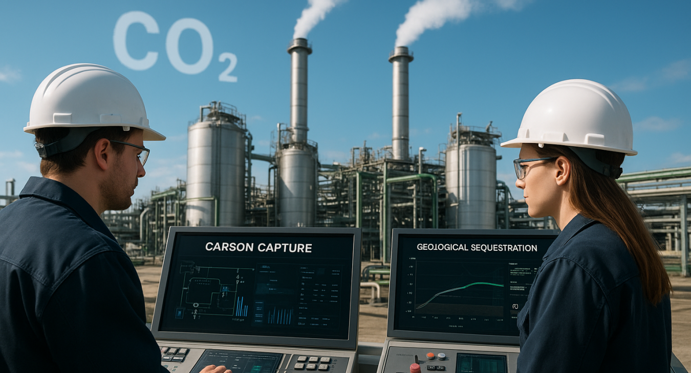 A man and a woman operating control panels in an advanced industrial facility oversee the carbon capture process, intercepting CO2 emissions for secure geological sequestration.