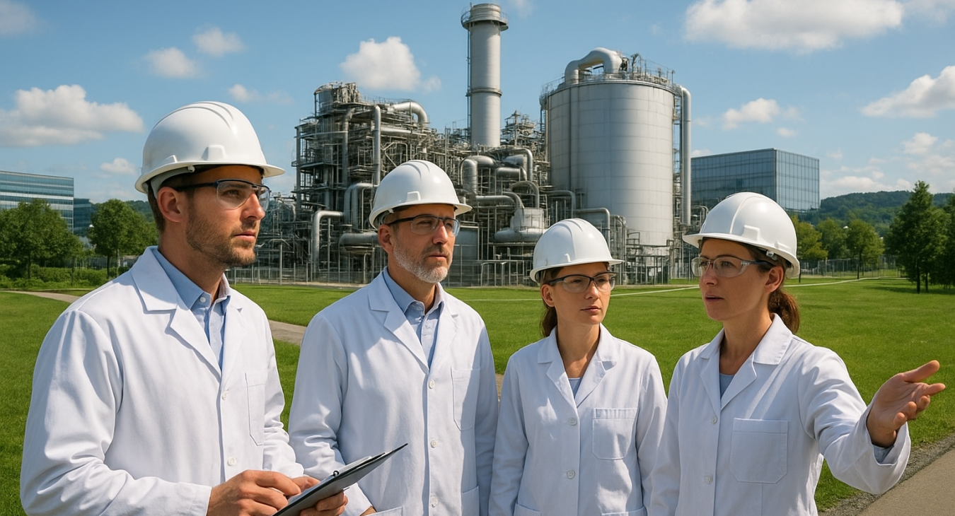 A diverse team of scientists in industrial workwear examining a large-scale carbon capture and storage facility set in a modern landscape, representing efforts to cut greenhouse gases.
