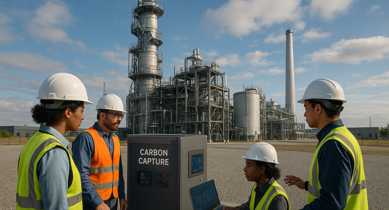 Photorealistic wide landscape shot of a modern carbon capture facility with diverse engineers monitoring CO2 sequestration technology against a backdrop of sustainable industrial operations.