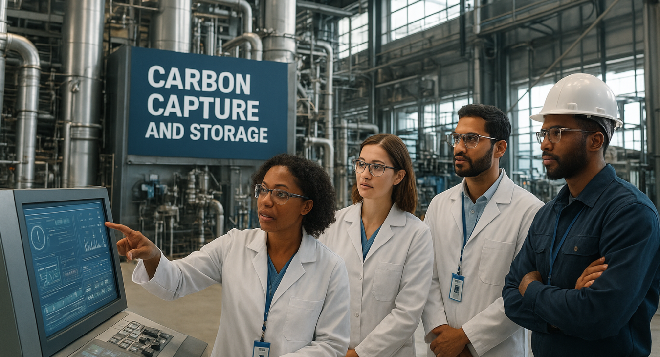 A diverse group of men and women scientists and engineers in a modern industrial facility monitor advanced carbon capture and storage equipment, demonstrating commitment to large-scale climate mitigation and sustainable energy transition.