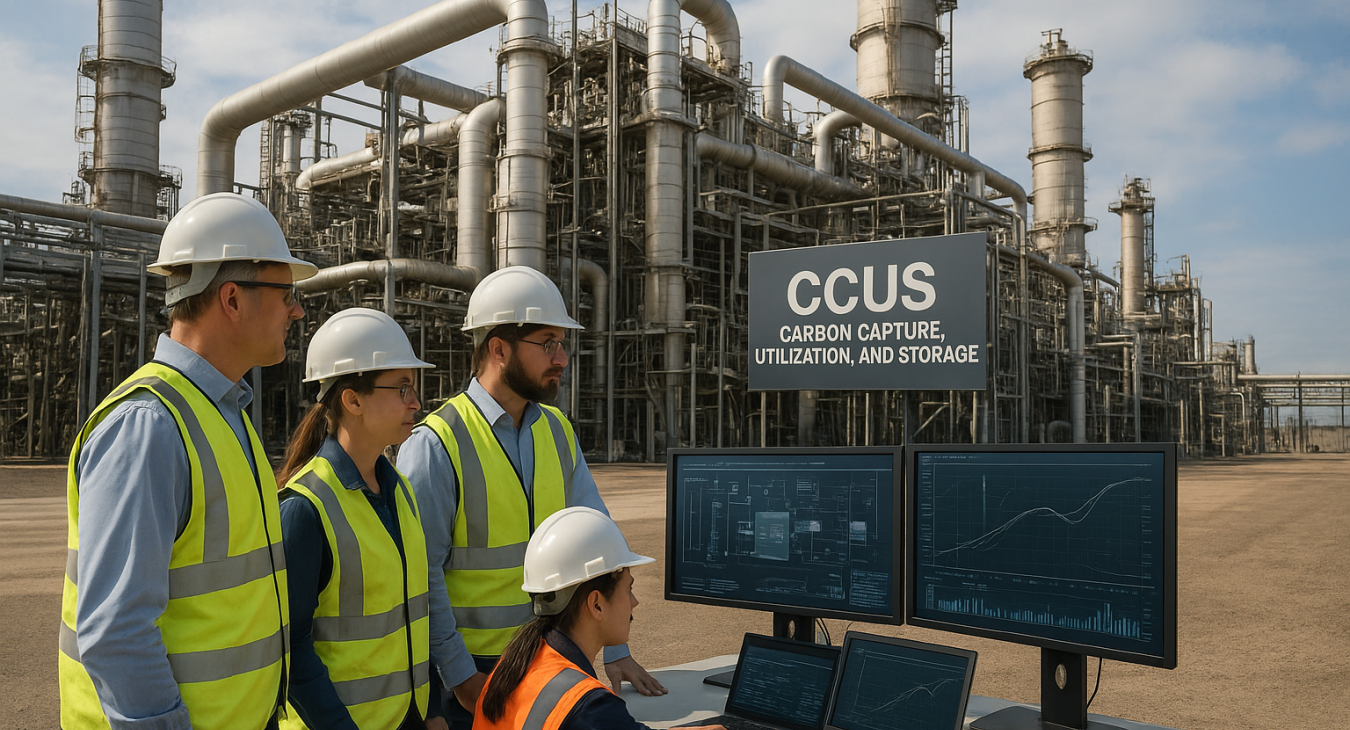 A group of diverse scientists and engineers monitoring advanced carbon capture technology at a large industrial CCUS site.