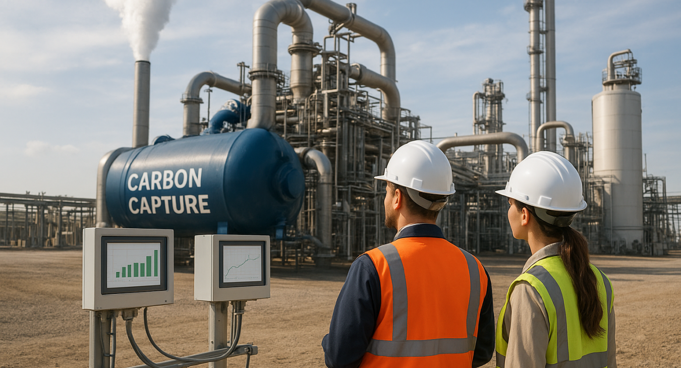 Photorealistic landscape of a large industrial site with operational carbon capture and storage equipment. A man and a woman in hardhats stand near monitoring stations, observing the successful greenhouse gas reduction process.