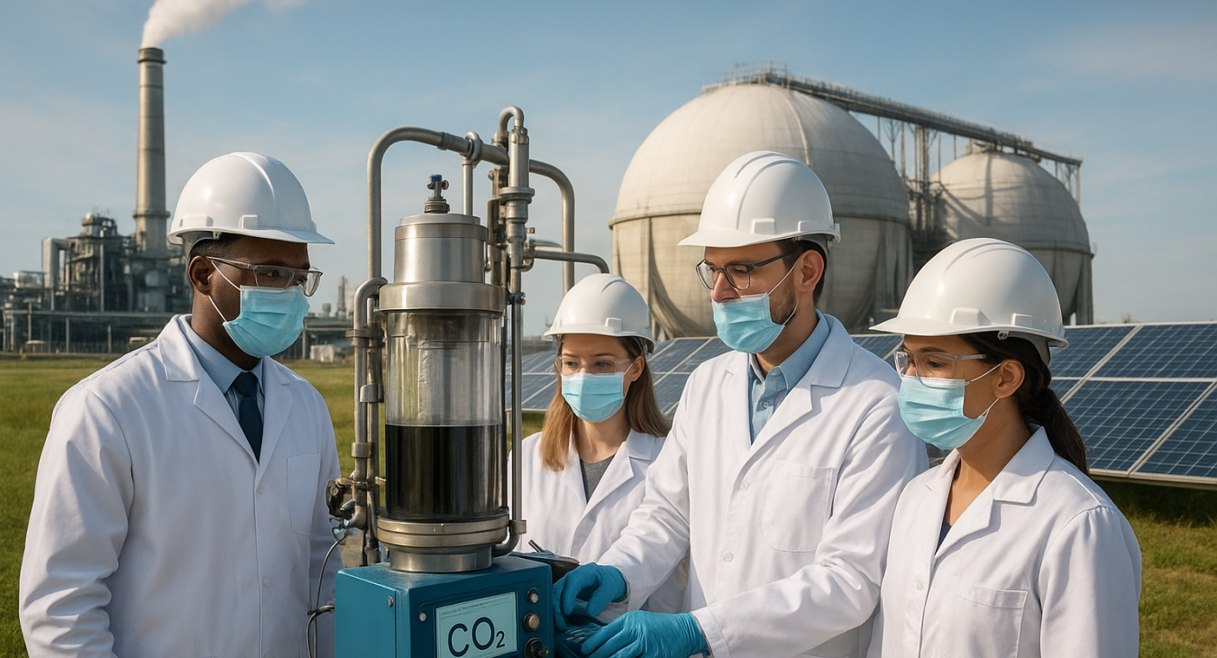 A diverse team of scientists in protective gear monitors advanced carbon dioxide capture and storage equipment, with massive geological storage infrastructure set against a backdrop of clean technology.