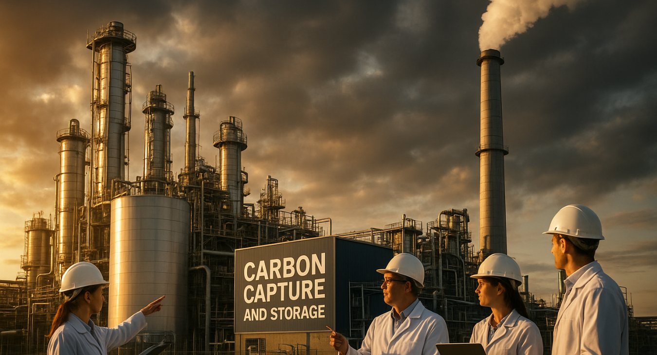 Photorealistic landscape view of a state-of-the-art industrial Carbon Capture and Storage (CCS) facility, with men and women environmental scientists monitoring the process under dramatic lighting, symbolizing the necessary technology to meet climate targets.