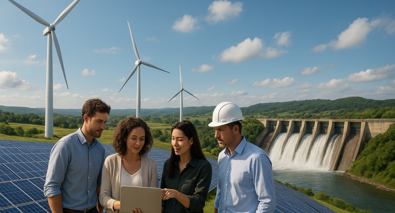 Panoramic photorealistic landscape of men and women collaborating next to wind turbines, solar arrays, and a hydroelectric dam with cascading water.