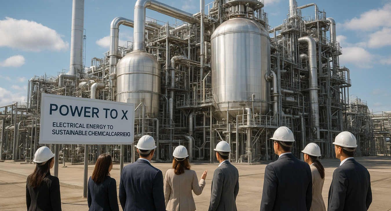 High-resolution photorealistic landscape of a power-to-X facility with diverse professional teams observing massive industrial reactors converting electrical energy into sustainable chemical carriers.