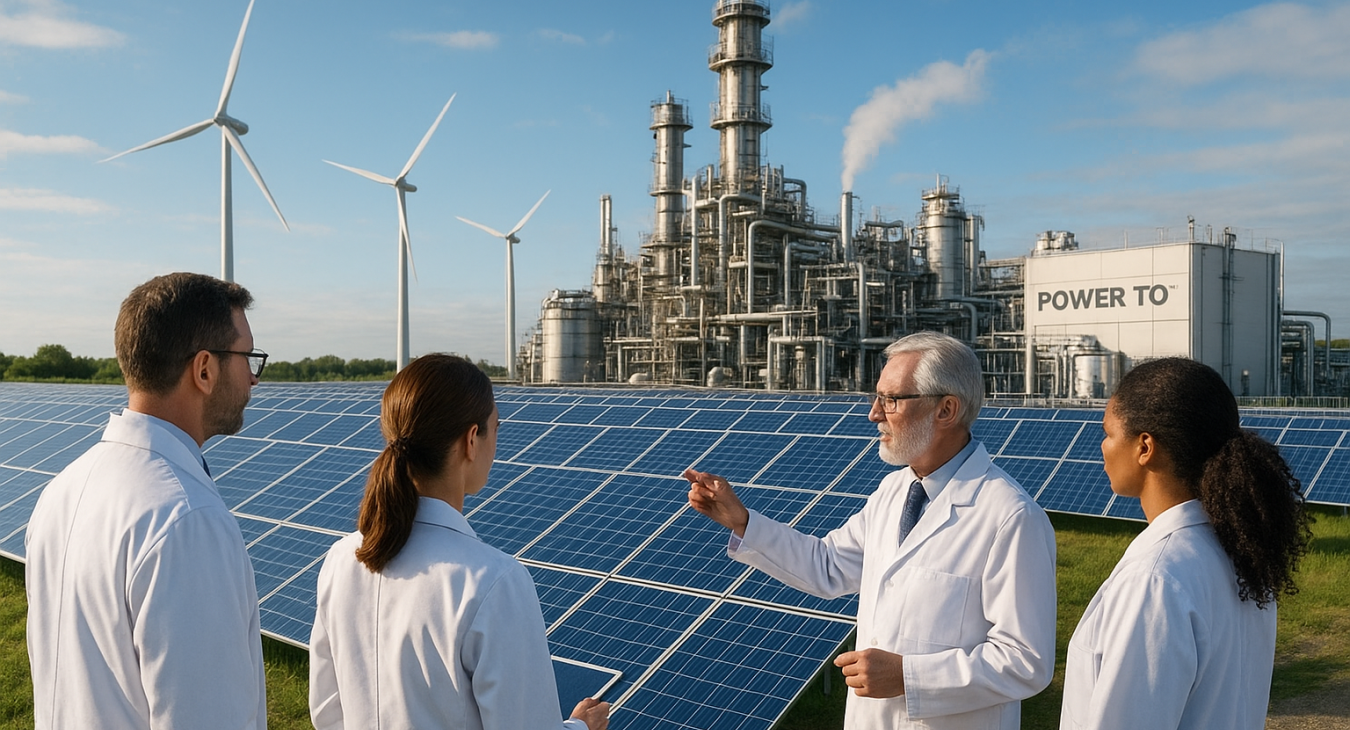 Photorealistic landscape of scientists at a Power-to-X facility with green chemical synthesis, powered by vast solar arrays and nearby wind turbines.