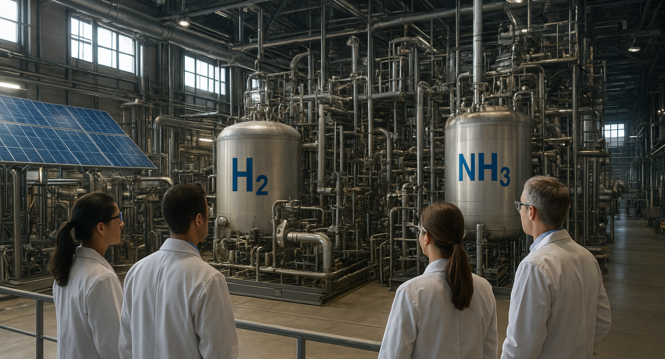 A team of diverse scientists in a futuristic industrial facility overlooking massive equipment converting renewable electricity into hydrogen or synthetic ammonia.