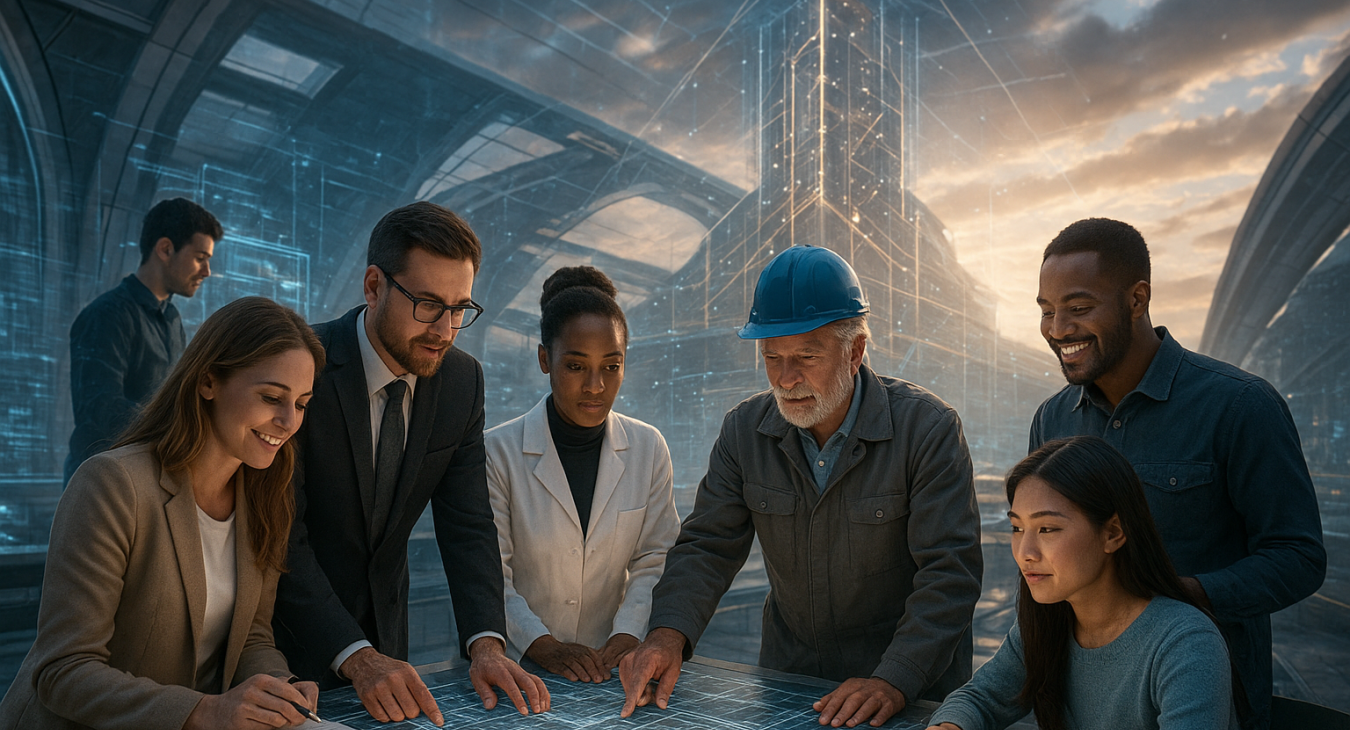 A diverse team of skilled men and women collaborating within a futuristic framework, combining their expertise to achieve a monumental collective success.