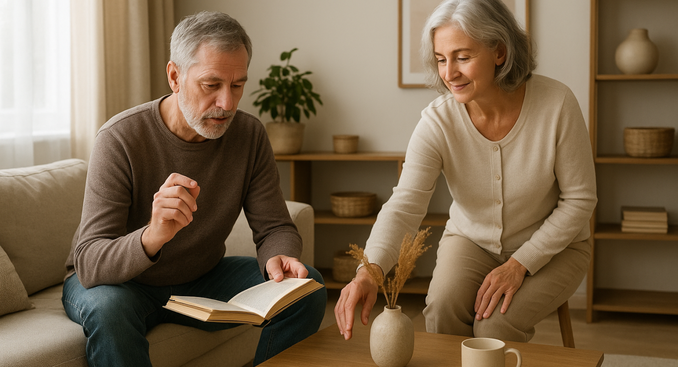 Photorealistic landscape of a mature man and woman interacting in a thoughtfully designed setting, their contrasting actions subtly illustrating the complementary strengths and interwoven dynamics of a long-term relationship.