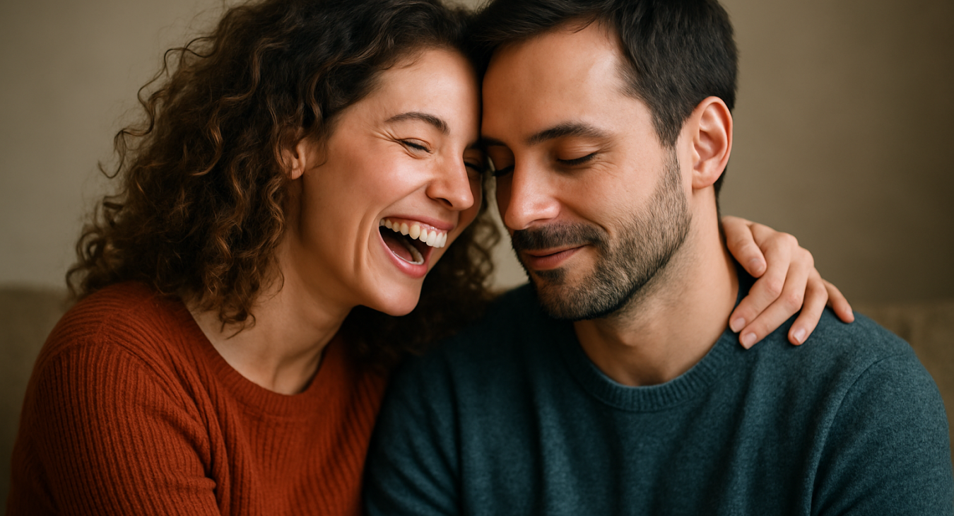 Photorealistic landscape portrait of a man and woman in an intimate moment, one vibrant and effusive, the other grounded and tranquil, illustrating complementary contrasting personalities.