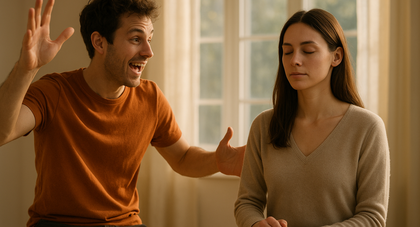 Photorealistic cinematic scene of a man and a woman with complementary energies: one vibrant and active, the other calm and grounded, interacting in a light-filled setting to represent perfect psychological balance.