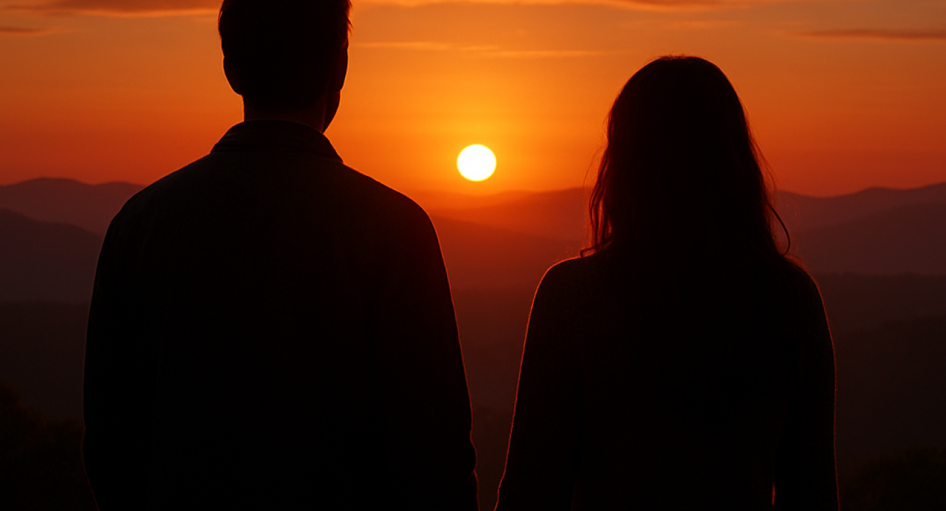 A man and woman stand side-by-side, bathed in warm sunset light, enjoying the calming transition from day to night.