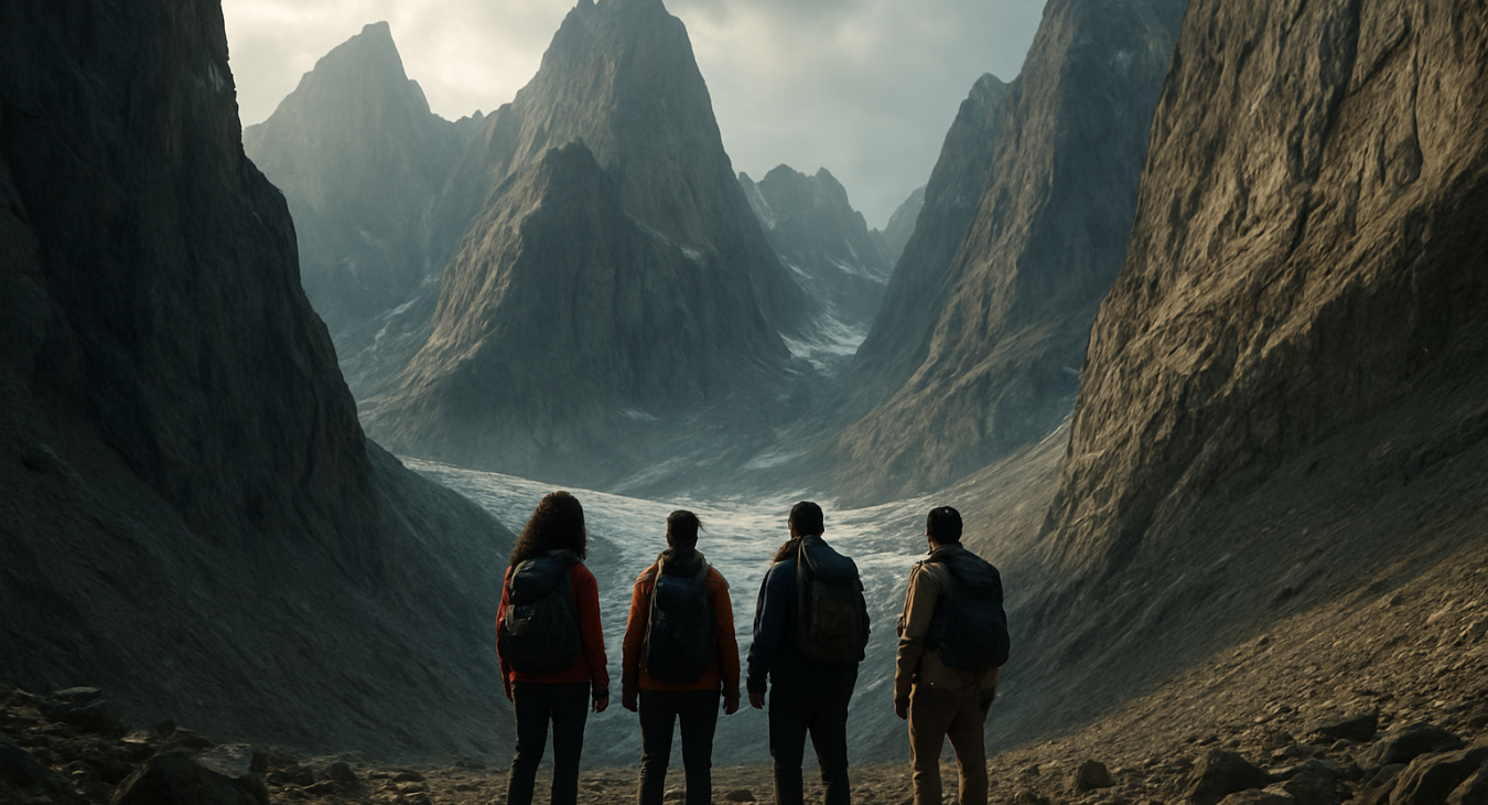 A group of diverse hikers stand dwarfed at the base of colossal mountain peaks in a vast glacial canyon, capturing a sense of awe at nature's overwhelming scale.