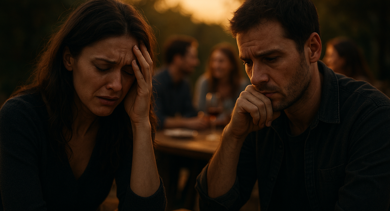 A photorealistic landscape of a woman and a man in dramatic lighting, their expressions conveying intense emotional anguish as they feel excluded from a nearby social gathering, illustrating the sting of perceived rejection.