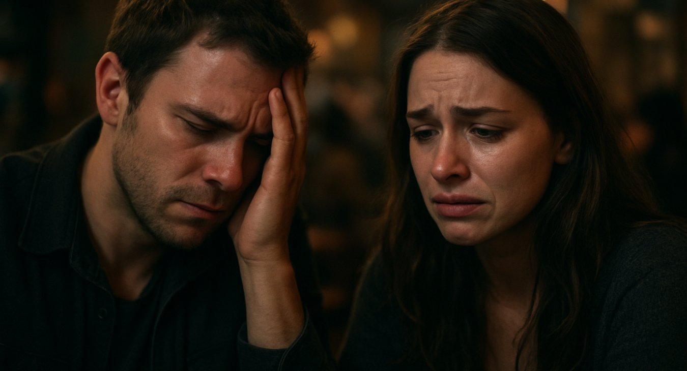 A man and a woman in a dimly lit social setting, visibly expressing vulnerability and emotional pain from fear of rejection.