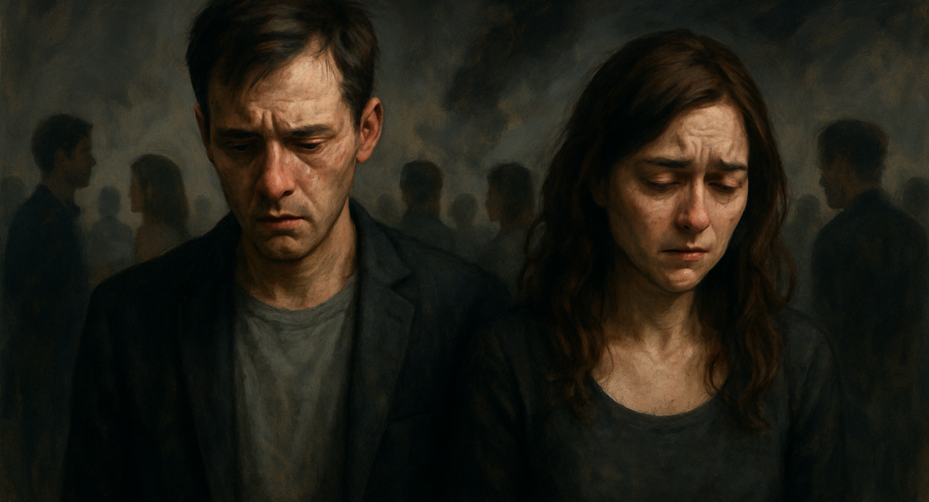 A man and woman in a modern social setting, their faces showing vulnerability as they feel the heavy shadows of perceived scrutiny and rejection.