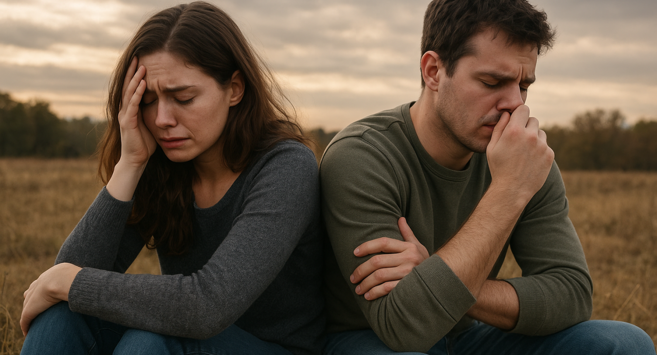 Photorealistic landscape photograph of a man and a woman in a shared space, expressing intense emotional vulnerability and hypersensitivity, reflecting the heightened feelings of the neurodivergent community.