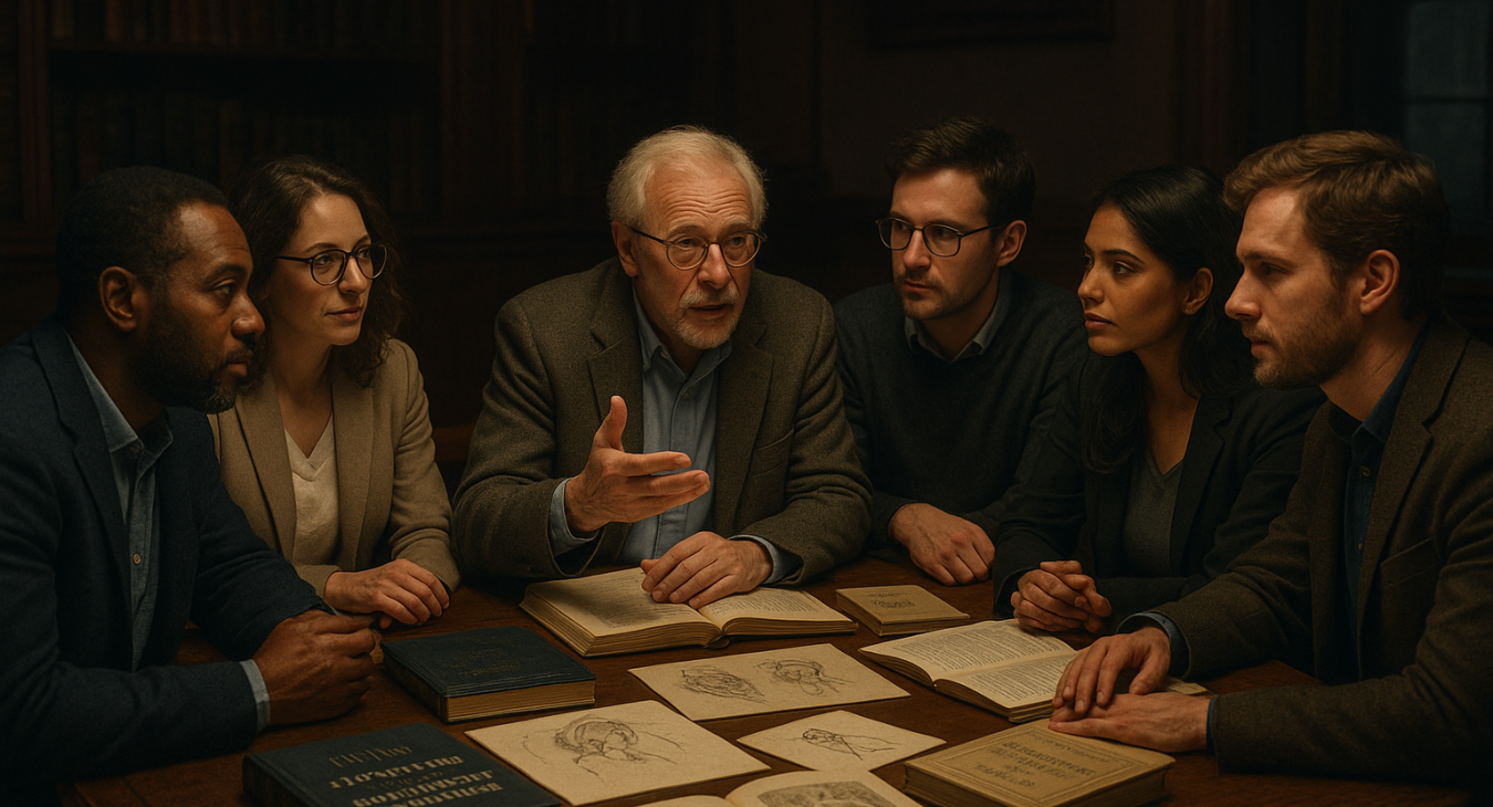 A photorealistic shot of a diverse group of men and women engaged in deep conversation around a wooden table in a dimly lit academic setting, surrounded by classic psychological texts and sketches.