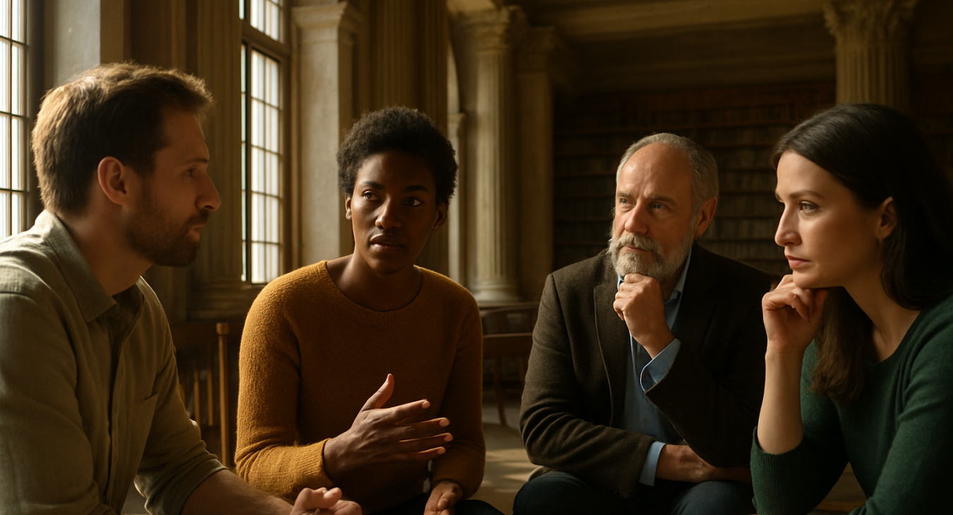 A photorealistic landscape shot of a diverse group of men and women engaged in deep conversation within a serene, sunlit classical library.