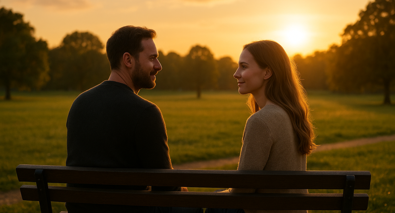A photorealistic landscape at golden hour of a man and a woman sitting on a park bench, gazing at each other with profound connection as a dreamlike haze fades into sharp clarity.