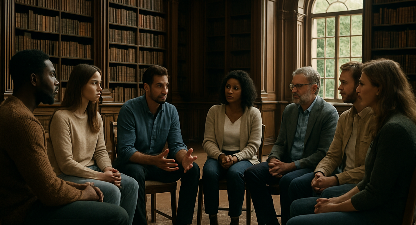 A photorealistic wide landscape shot of a diverse group of men and women sitting in a circle, engaged in deep conversation within a sunlit, classical library.