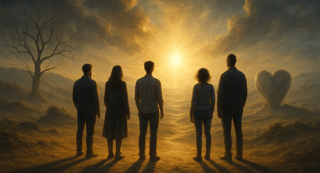 A high-quality photorealistic landscape of a diverse group of men and women standing in a surreal, dreamlike environment filled with shifting shadows and glowing ethereal light, symbolizing the depths of the human psyche.