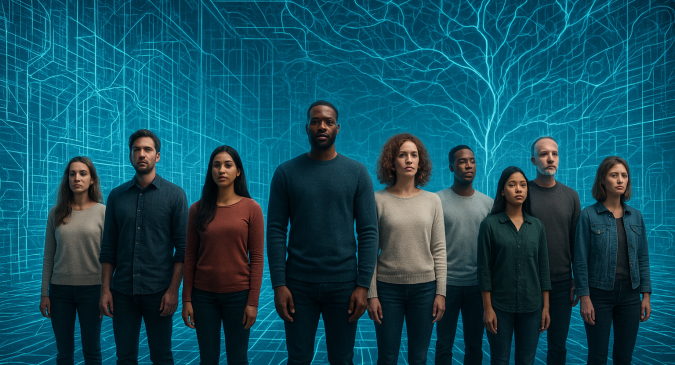 A wide landscape shot of a diverse group of men and women standing within a surreal, glowing architectural blueprint of intricate geometric patterns and neural pathways.
