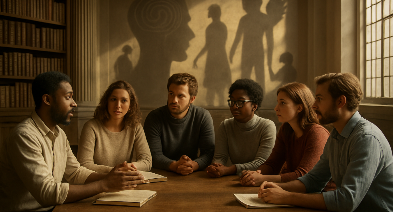 A photorealistic landscape shot of a diverse group of people engaged in a deep discussion within a sunlit classical library, with symbolic shadows cast on the walls.