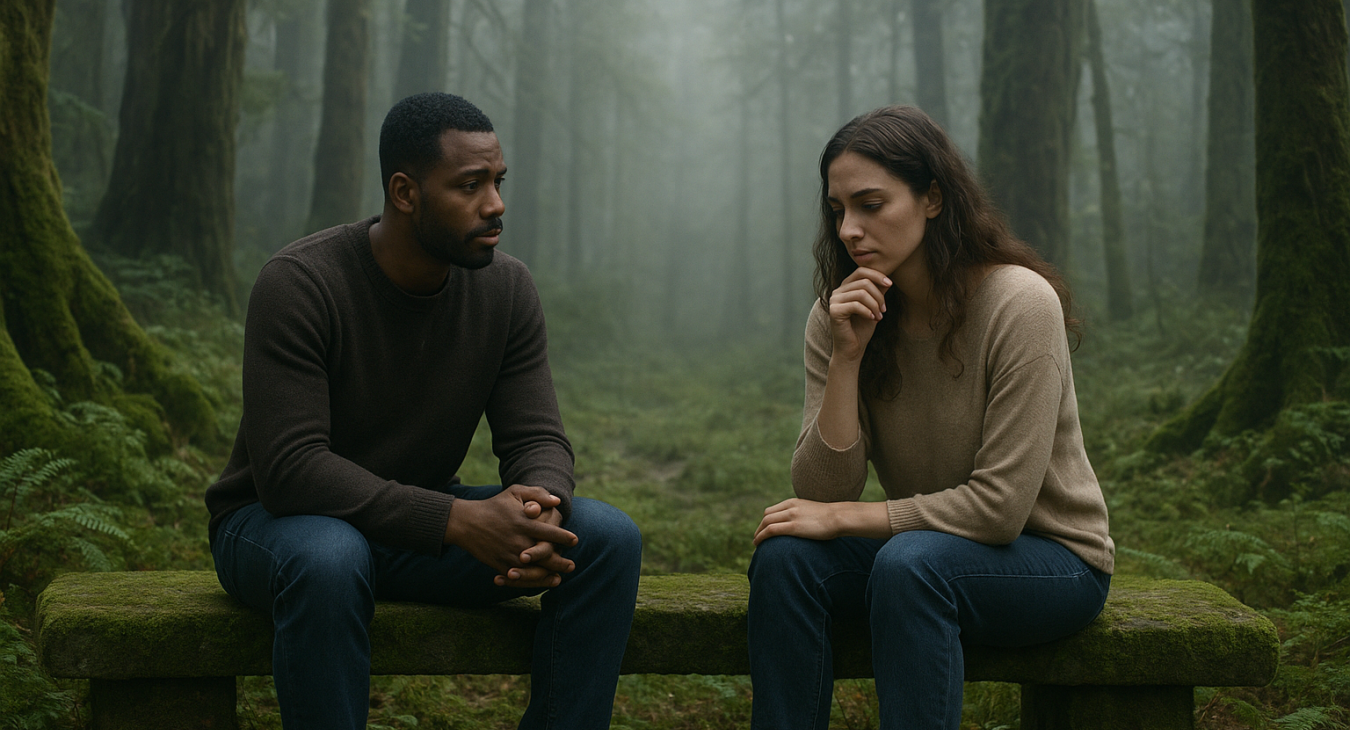 A wide shot of a diverse man and woman sitting on a mossy stone bench, engaged in a thoughtful conversation within a misty, ancient forest.