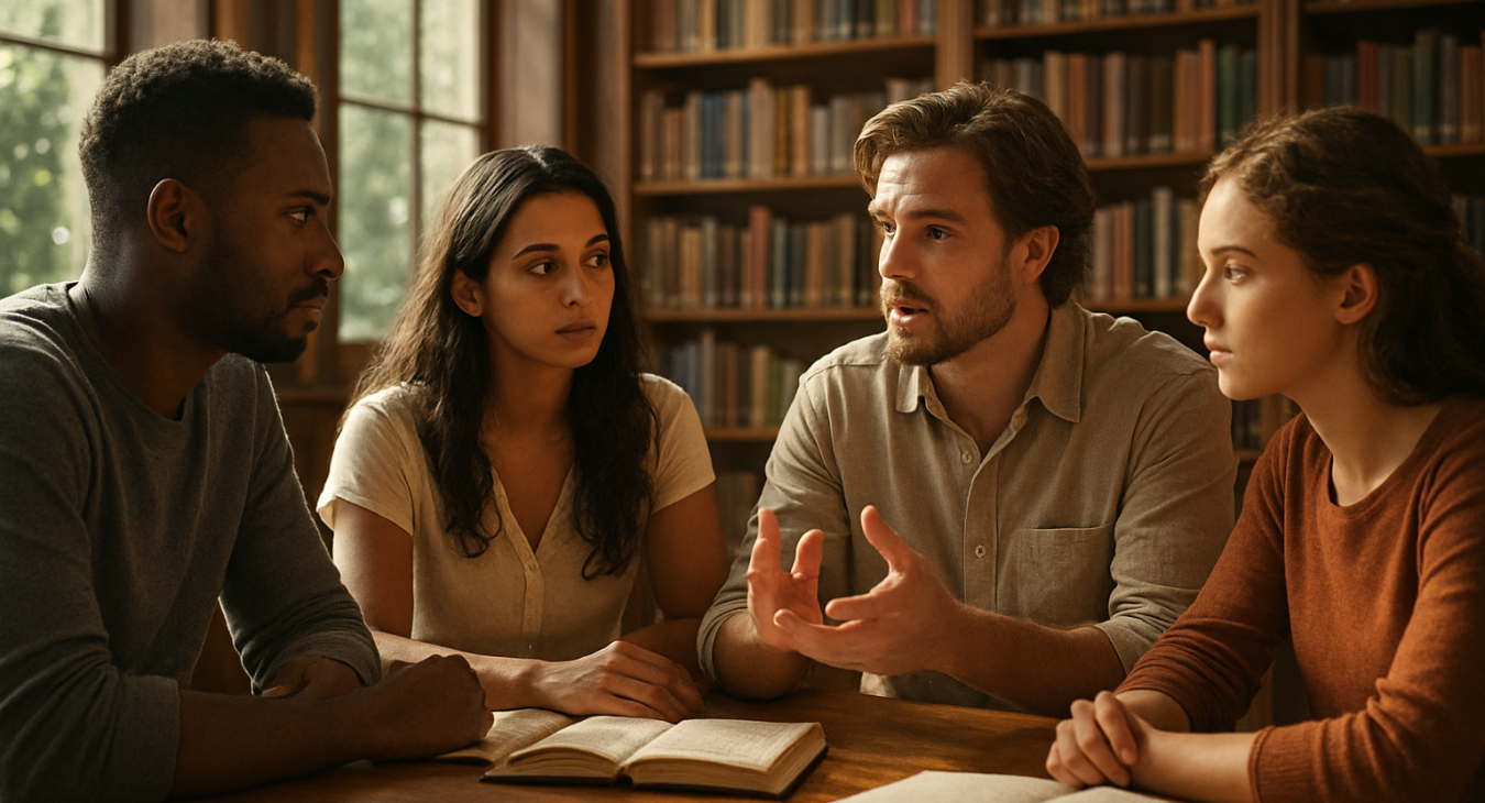 A diverse group of men and women engaged in an intense intellectual discussion while sitting in a sun-drenched, tranquil library.