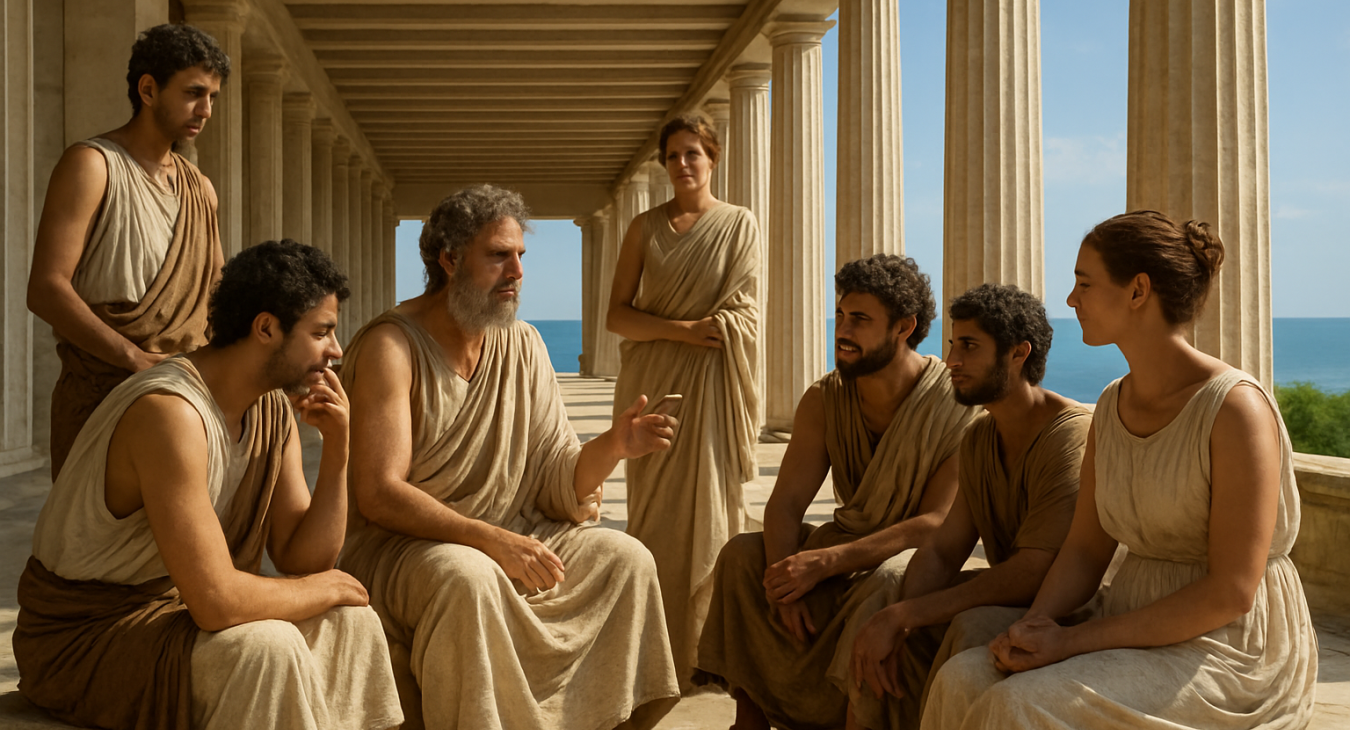 A diverse group of men and women in ancient Greek attire engaged in an intellectual debate within a sun-drenched marble stoa overlooking the Mediterranean Sea.
