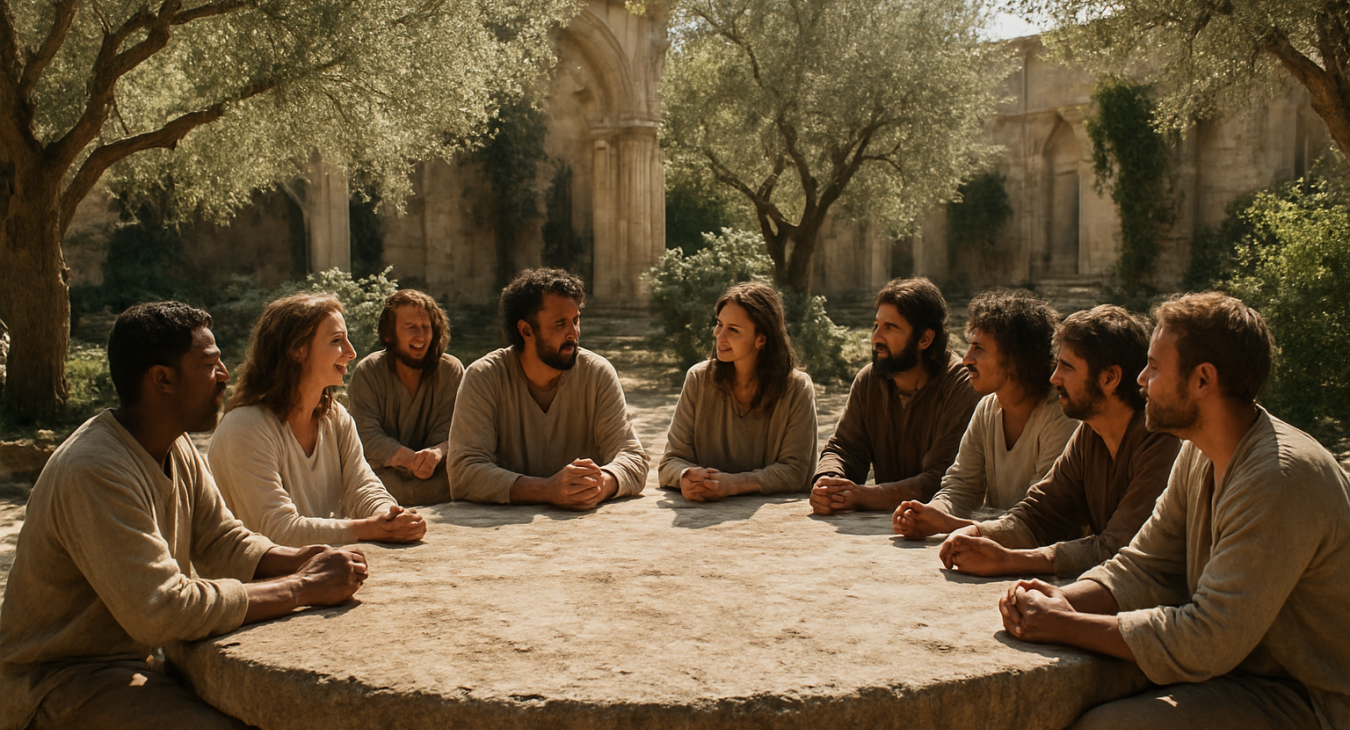 A diverse group of men and women engage in deep dialogue around a massive, ancient stone table in a sun-drenched Mediterranean courtyard filled with blooming olive trees.