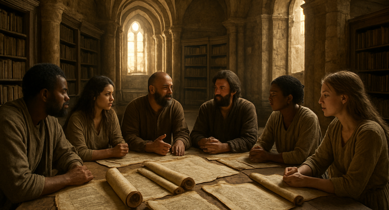 A wide-angle, photorealistic shot of a diverse group of men and women in deep discussion around a large wooden table covered in parchment scrolls within a sunlit, ancient stone library.