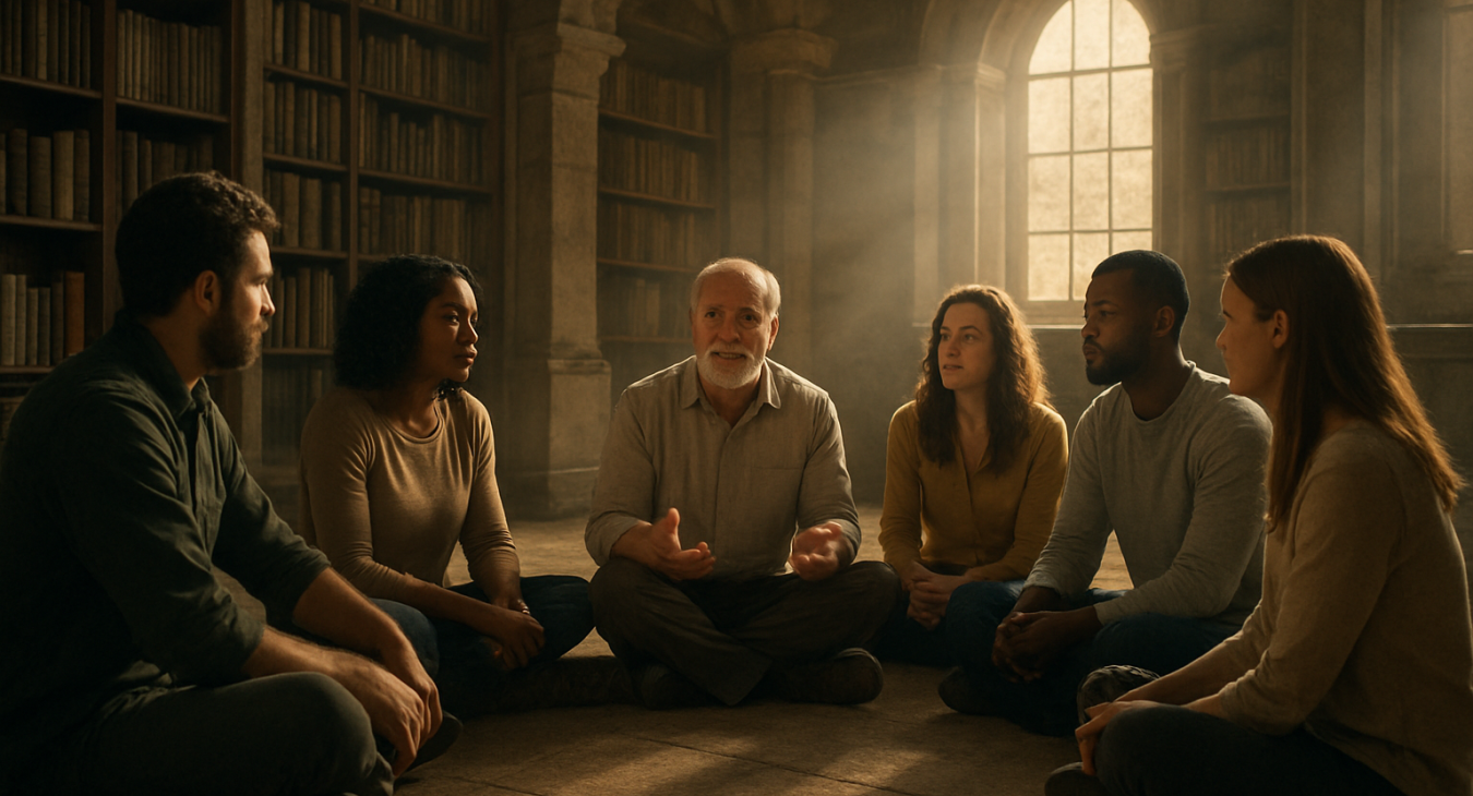 A photorealistic landscape shot of a diverse group of men and women sitting in a circle in a serene, sun-drenched ancient library, engaged in deep conversation under soft cinematic lighting.