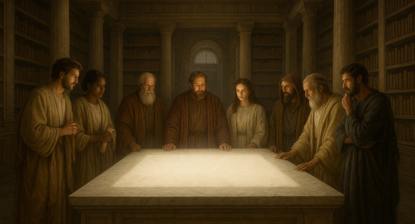 A wide-angle photorealistic shot of a diverse group of scholars in classical attire standing around a large, glowing, empty marble slab in a grand ancient library.