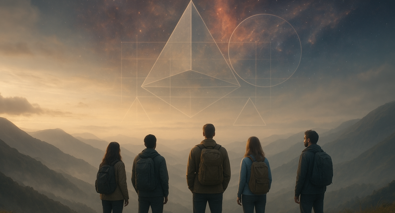 A diverse group of men and women standing on a misty mountain ridge, looking toward a surreal horizon where geometric shapes blend with a cosmic nebula.