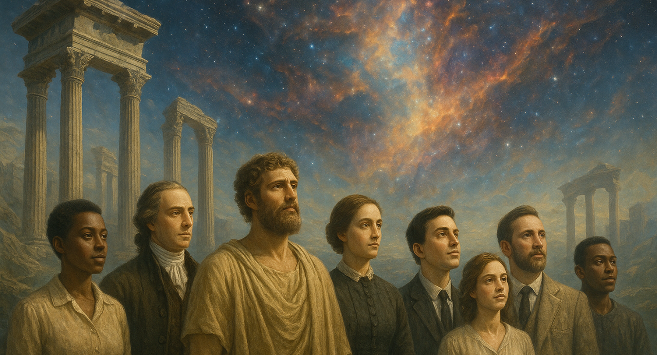 A high-quality photorealistic landscape of a diverse group of men and women from various eras standing among ancient marble ruins that blend into glowing cosmic nebulas, symbolizing human evolution.