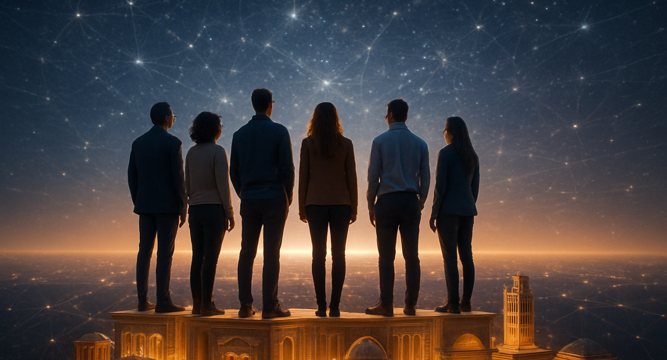 A photorealistic landscape of a diverse group of people standing on glowing architectural foundations, looking out toward a vast horizon filled with light and cosmic patterns representing human knowledge.