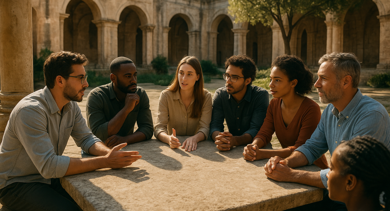 A diverse group of men and women engaged in intellectual discussion around a stone table in an ancient, sun-drenched courtyard.