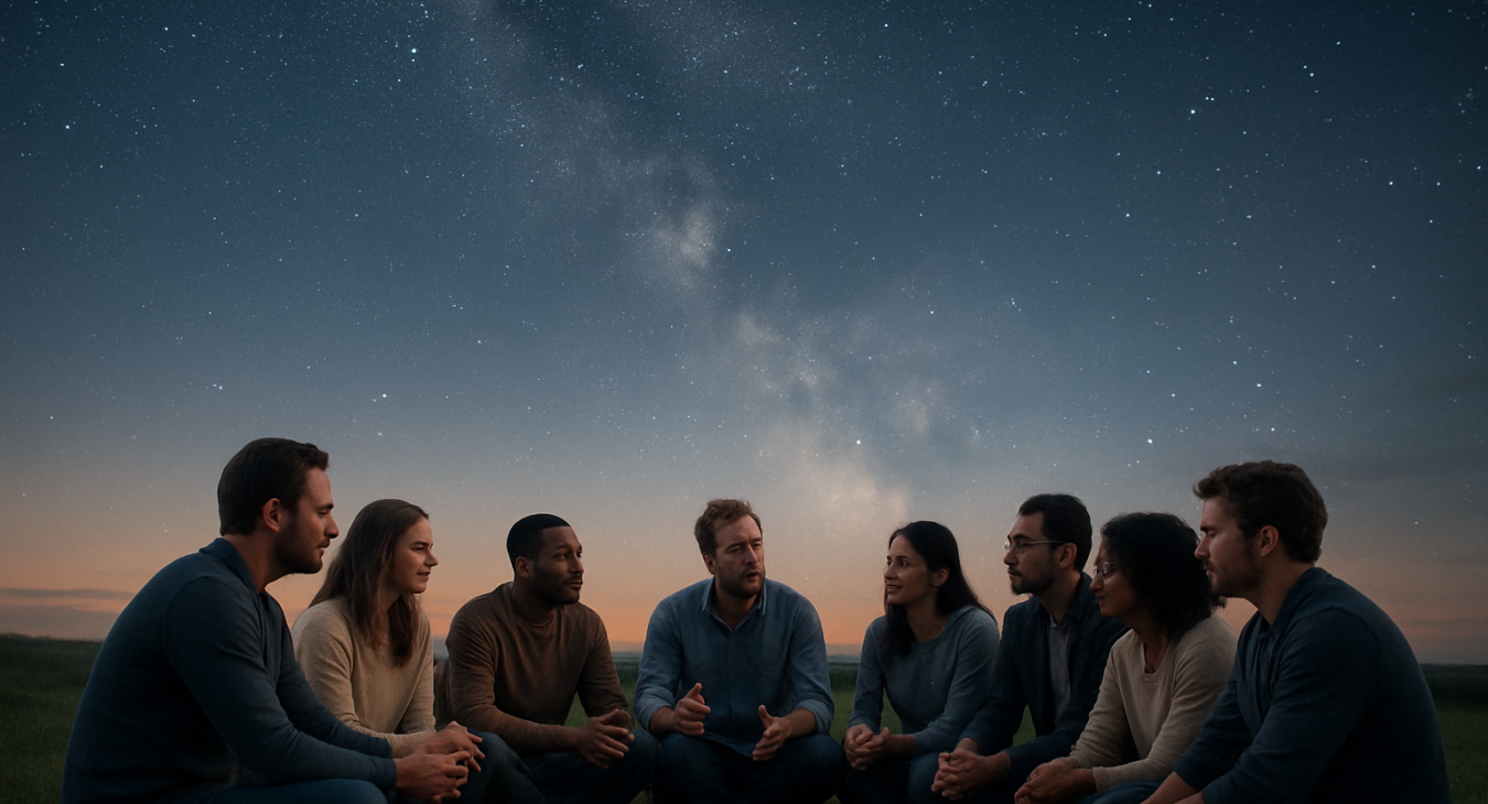 A photorealistic landscape of a diverse group of men and women sitting in a circle on a grassy hill under a vast, star-filled twilight sky, engaged in an intense and thoughtful discussion.